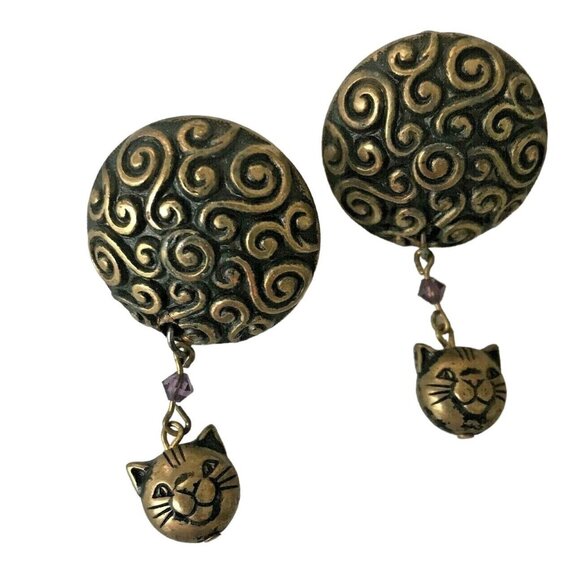 Cat Earrings Handmade Vintage One of  Kind New Purple Crystals Kitty Lov… - Picture 3 of 8